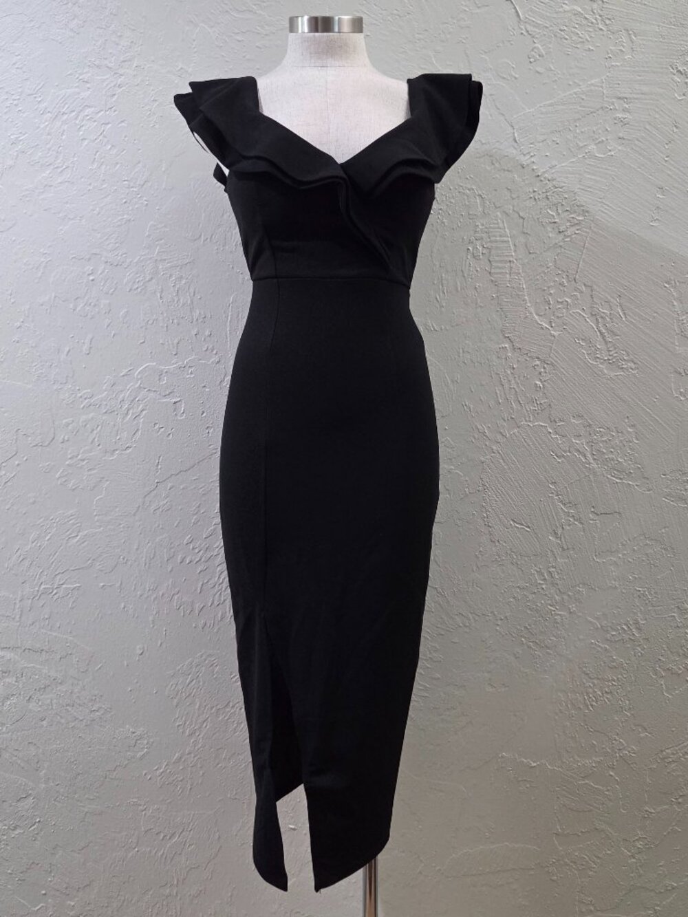 Black Bodycon Midi Dress With Ruffles‎ V-neckline